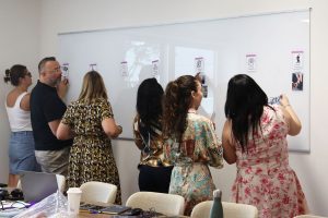 Participants collant des images sur un tableau pour catégoriser différents types de handicap lors d’un atelier collaboratif en formation RH.
