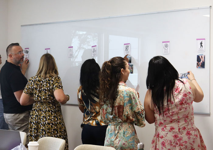 Participants collant des images sur un tableau pour catégoriser différents types de handicap lors d’un atelier collaboratif en formation RH.