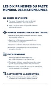 Infographie listant les Dix principes du Pacte mondial des Nations Unies, regroupés en quatre domaines : droits de l’Homme, normes internationales du travail, protection de l’environnement, et lutte contre la corruption. Chaque domaine inclut des principes spécifiques visant à promouvoir le respect des droits fondamentaux, des conditions de travail équitables, la durabilité environnementale, et l’intégrité des pratiques professionnelles.