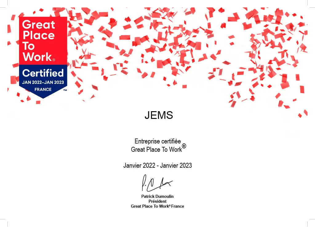 Diplome JEMS Great place to work janvier 2022